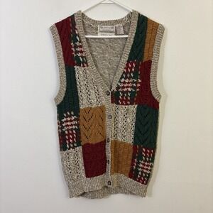 Ashley Vintage M Sweater Vest Grandma‎ Cottagecore Patchwork Red Green Tan Cabin